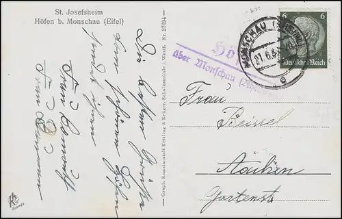 Landpost HÖFEN über MONSCHAU (Rheinland) 21.6.36 auf Foto AK St. Josefsheim