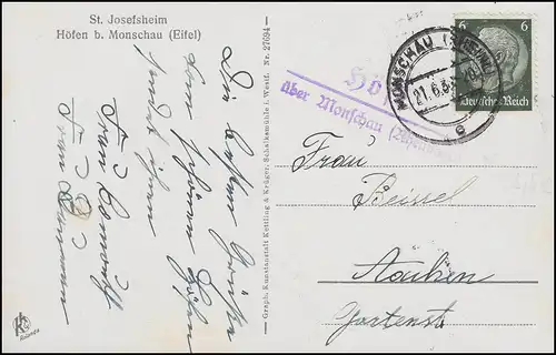 Le courrier de campagne HÖFEN sur MONSCHAU (Rhénanie) 21.6.36 sur la photo AK St. Josefsheim