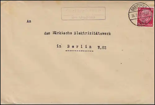 Landpost WEITENHAGEN über GREIFSWALD 26.9.1938 auf Brief nach BERLIN