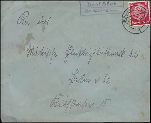 Landpost DROSCHTAU über GRÜNBERG Schlesien Zielona Góra 8.4.38 auf Brief BERLIN