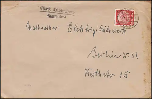 Landpost GROß LÜBBICHOV REPPEN /Rzepin Land 29.6.1933 sur lettre à BERLIN