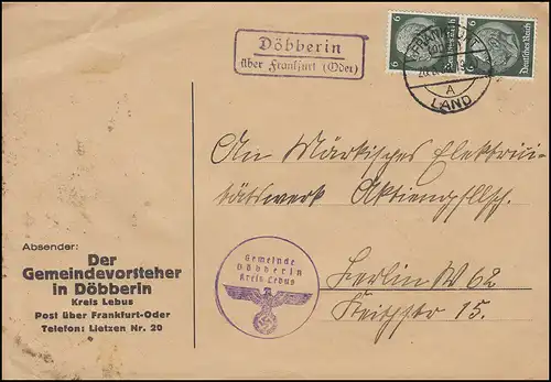 Landpost DÖBBERIN Kreis Lebus sur FRANFKURT Ou 20.5.38 sur lettre à BERLIN