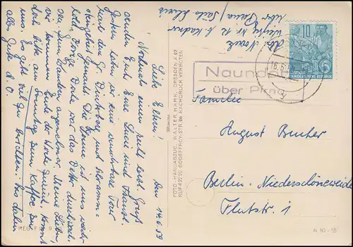 Landpost NAUNDORF über PIRNA 16.6.59 auf Foto AK Amselfall bei Rathewalde