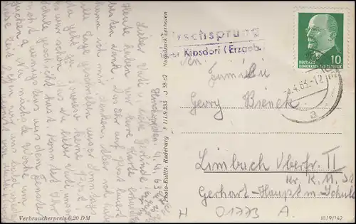 Landpost HIRSCHSPRUNG über KIPSDORF 6.4.63 auf Foto AK Ferienheim & Ladenmühle