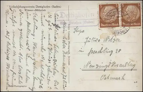 Le courrier de Landpost DETTIGHOFEN sur GRIEßEN Baden 15.10.42 sur la photo AK Wittmer Bibliothèque