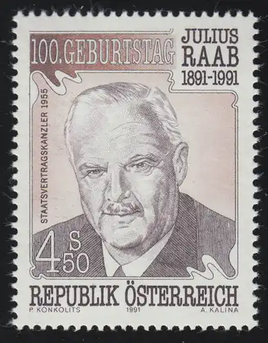2047 100e anniversaire de Jules Raab, politicien, 4.50 S, frais de port **