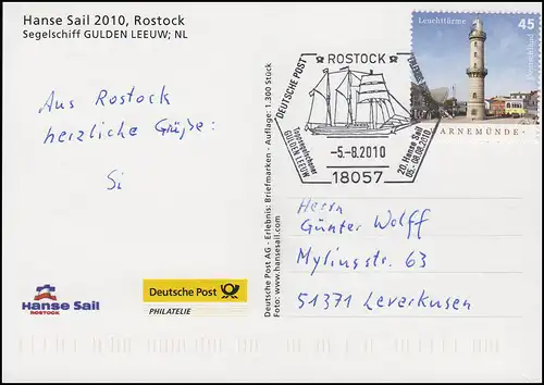 Segelschiff GULDEN LEEUW, Ansichtskarte SSt Rostock Segler GULDEN LEEUW 5.8.2010