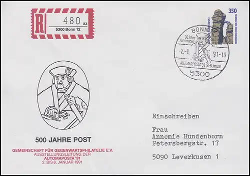 Vol privé 500 ans Post+AUTOMAPOSTA, SSt Bonn 10 ans ATM allemande 2.1.91