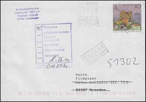 Plusbrief USo 5 AAY Bad Frankenhausen, Berlin-Zentrum 25.11.98 & Retour-Stempel