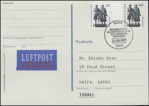 Postkarte P 157 Goethe-Schiller-Denkmal +1934A SWK Luftpost-FDC ESSt Bonn