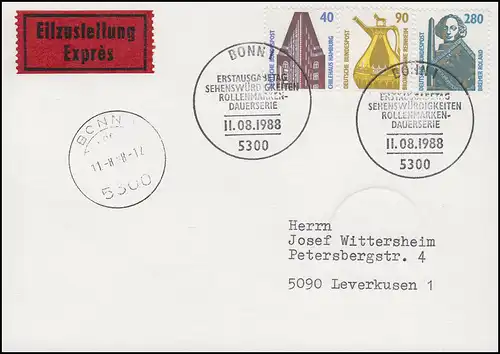 1379-1381 SWK Chilehaus & Bronzekanne & Rolandsäule,Eil-FDC-PK ESSt Bonn 11.8.88