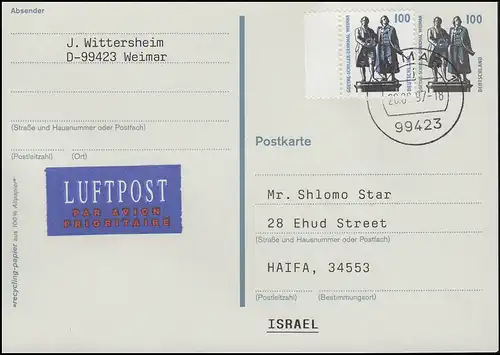 Postkarte P 157 Goethe-Schiller-Denkmal +1934A SWK Luftpost-FDC Weimar 28.8.1997