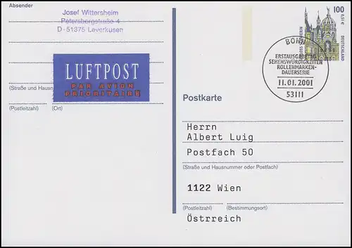 Postkarte P 162 Schloss Schwerin, Luftpost-FDC ESSt Bonn 11.1.2001 nach Wien