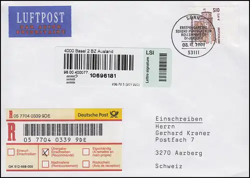 2225 SWK Heidelberger Schloss, Randstück, Auslands-R-FDC ESSt Bonn 8.11.2001