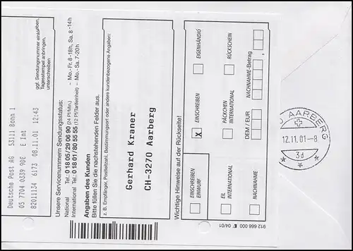 2225 SWK Heidelberger Schloss, Randpart, Etranger-R-FDC ESSt Bonn 8.11.2001