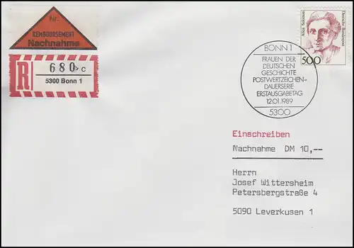 1397 Alice Salomon, Frauenrechtlerin, NN-R-FDC ESSt Bonn 12.1.1989 + E-Schein