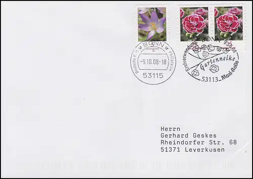 2699 Noyaux autocollants de jardin, avec 2480 crocus,FDC Première utilisation Bonn 9.10.08