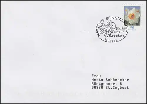 Narzisse, selbstklebend aus Folienblatt 1, FDC ESSt Erstverwendung Bonn 7.8.2008
