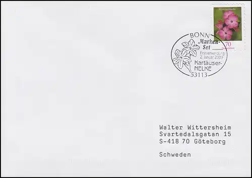 2716 Blumen: Kartäusernelke, selbstklebend, FDC Erstverwendung Bonn 2.1.2009