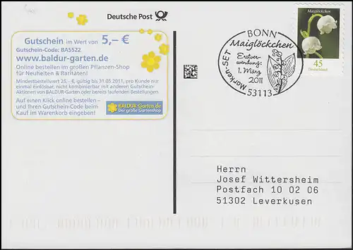2851 Maiglöckchen, selbstklebend, FDC-AK Duftmarken Erstverwendung Bonn 1.3.2011