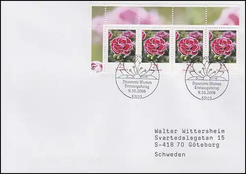 2694 Nel de jardin Dianthus caryophylllus, bloc de bord-4, FDC ESSt Bonn 9.10.2008