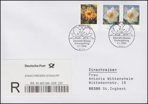 2505-2506 Fleurs: Dahlie & Narcisse, R-FDC ESSt Bonn 2.1.2006 + billet électronique
