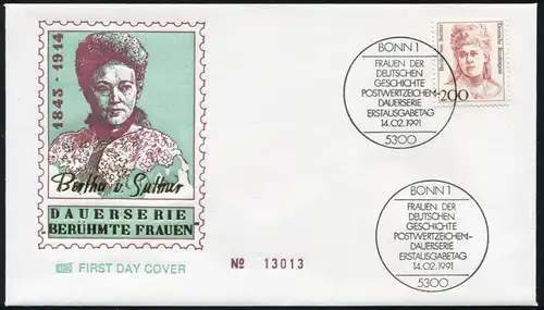 1498 Femmes Bertha de Suttner 200 p. sur le FDC de bijoux ETABO ESSt BONN 14.2.1991