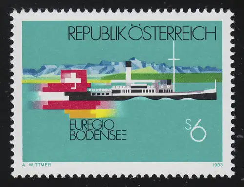 2096 Euregio Bodensee, Schaufelraddampfer "Hohen Twiel", Flaggen,  6 S **