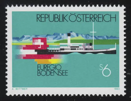 2096 Euregio Lac de Constance, vapeur à pelle "Haut Twiel," drapeaux, 6 S **