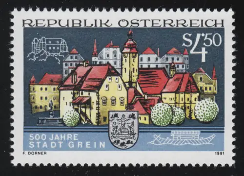 2030 500 ans Ville de Grein, vue de ville , armoiries de la ville, 5 S, frais de port **