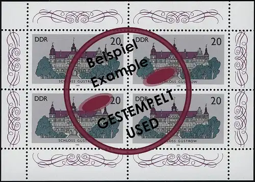 3033 Schlösser-Kleinbogen Güstrow 4x 20 Pf 1986, Tagesstempel O