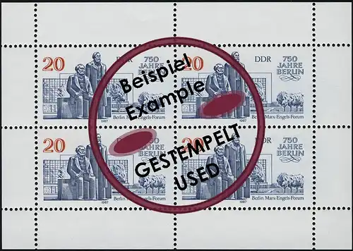 3077 Marx-Engels-Forum-Kleinbogen Berlin 4x 20 Pf 1987, Tagesstempel O