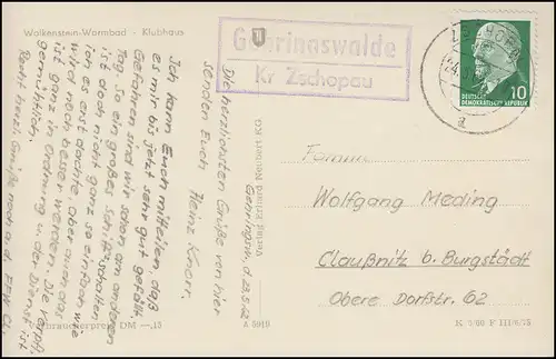 Landpost GEHRINGSWALDE Kr. ZSCHOPAU 24.5.62 sur AK WOLKENSTEIN WARMBAD Klubhaus