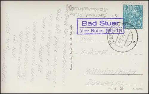 Landpost BAD STUER über RÖBEL (Müritz) 25.7.56 auf Foto AK Abend am Plauer See