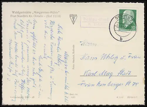 Landpost HAßLAU-NÜSLITZ Kr. DUBELN 8.7.62 sur la photo AK "Margareten Mühle"