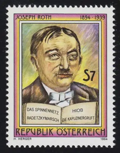 2137 100. Geburtstag Joseph Roth, Schriftsteller, 7 S, postfrisch **