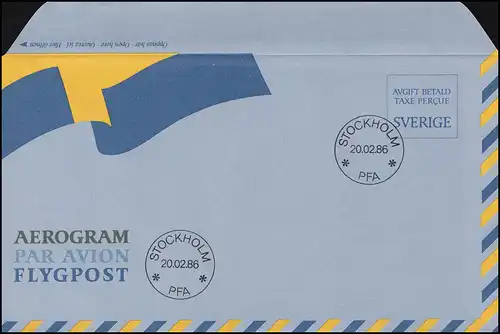 Suède Lettre postale aérienne LF 10 Drapeau - sans valeur, FDC Stockholm 20.2.86