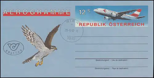 Österreich LF 25 Flugzeug 12 Schilling Habicht, Ersttagsstempel WIEN 29.9.1992