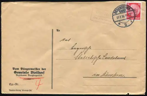 Landpost Dietldorf über REGENSBURG (LAND) 13.7.1936 auf Brief nach München