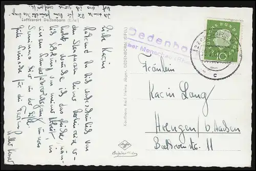 Landpost Dedenborn über Monschau (Rheinland) auf passender AK, DÜREN 19.7.1960