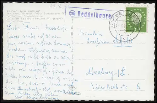 Landpost 21b Beddelhausen auf AK Gasthof Alter Dorfkrug, BERLEBURG 15.8.1959