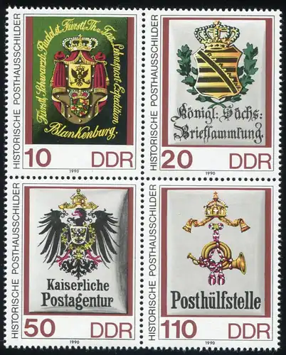 3306-3309 Posthausschilder 1990, Viererblock, ** postfrisch