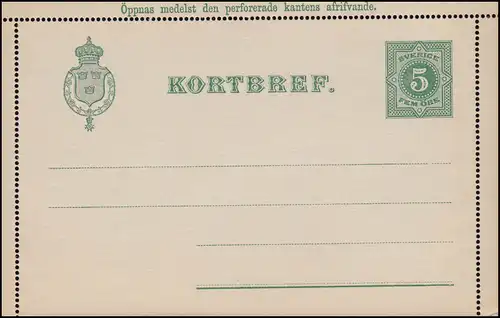 Schweden Kartenbrief K 1 KORTBREF Ziffer 5 Öre 1889, ** postfrisch