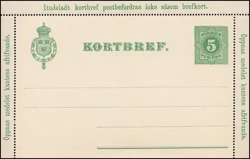Suède Carte lettre K 3 KORTBREF Paragraphe 5 Öre 1891, ** frais de port