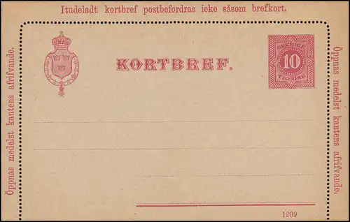 Schweden Kartenbrief K 8 KORTBREF Ziffer 10 Öre Druckdatum 1209, ** postfrisch