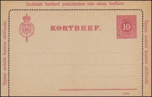 Suède Carte lettre K 8 KORTBREF Paragraphe 10 Öre Date d'impression 1209, ** frais de port