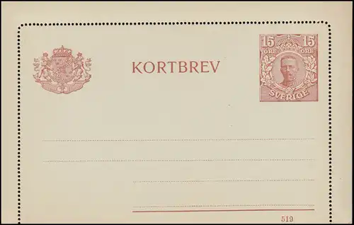 Schweden Kartenbrief K 15a KORTBREV König Gustav 15 Öre Druckdatum 519, **