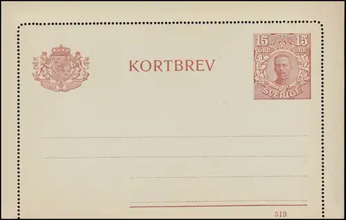 Suède Cartes de la carte K 15a KORTBREV Roi Gustav 15 Öre Date d'impression 519, **