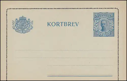 Suède Carte lettre K 19 KORTBREV Roi Gustav 20 Öre sans date d'impression, **