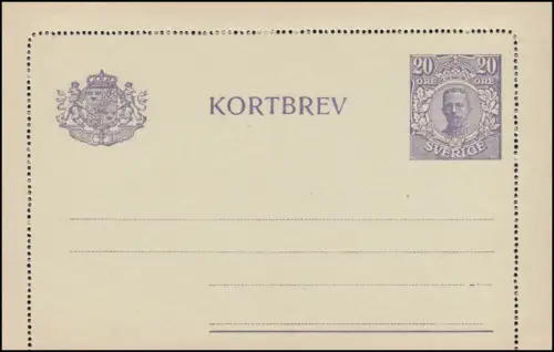 Schweden Kartenbrief K 20 KORTBREV König Gustav 20 Öre ohne Druckdatum, **